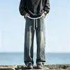 Jeans rectos holgados de estilo americano de moda con retazos para hombre, nuevos pantalones casuales versátiles de otoño con pierna curva