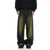 Jeans retro desgastados lavados para hombre estilo callejero americano teñidos de barro amarillo pantalones largos tipo papá callejeros sueltos rectos