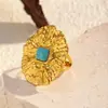 Joias Chenhe Joia de Mão Feminina de Aço Inoxidável de Alta Qualidade Luxo Acessível Moda Transfronteiriça Anel Aberto de Aço Titânio Dourado Turquesa