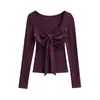 Camiseta Sexy Gola Quadrada Manga Longa Outono Inverno Nova Estilo Doce Laço Cintura Curta Camiseta Base Top