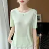 Camiseta versátil de color liso para mujer, de manga corta, ajuste holgado y ceñido, tejido simple de seda de bambú con cuello redondo, top ligero y transpirable para el verano