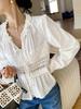Camisa de Renda Feminina Outono 2026, Blusa Branca de Manga Longa com Design Francês Europeu e Americano, Top de Moda Feminina Transfronteiriço