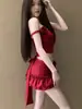 Bikini Rojo Floral Estilo Nuevo Traje de Baño de Dos Piezas para Mujer Estilo Chica Caliente Top de Tubo con Cintura Expuesta y Volantes Traje de Baño Sexy