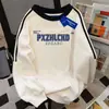 Sudadera Redonda con Estampado de Letras Coreanas Retro y Rayas Triples Contrastantes para Mujer Otoño e Invierno Forro Polar Casual Parejas Tops Ins