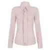 Camisa a Rayas Sexy Estilo Coreano con Cuello Turn-Down y Tira Corbata Estilo Chica Dulce Cintura Ajustada Otoño Manga Larga Casual Top Ropa de Mujer