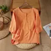 Camiseta Redonda Elegante de Verão Nova, Modelagem Solta Emagrecedora para Mulheres, Top Artístico de Algodão e Linho Bordado em Cor Sólida