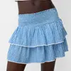 Estoque Disponível Saia Curta Plissada Xadrez Casual Feminina Estilo Europeu e Americano com Cintura Alta e Acabamento em Renda