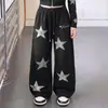Conjunto Esportivo Feminino Outono Novo Estilo Americano Estrela Strass Conjunto de Duas Peças com Capuz e Zíper Calça de Pernas Largas