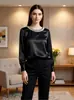 Site independente Wish Amazon primavera-verão estilo francês pérola gola redonda cetim manga longa camisa feminina com bordado