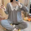 Pijama de mujer primavera nuevo manga larga cuello cuadrado dulce estilo princesa encaje acanalado Ropa de casa para mujer