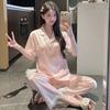 Pijama Jacquard de Seda Gelada Cetim Doce Borboleta Estilo Coreano Feminino Renda Verão Manga Curta Confortável Roupa de Casa Conjunto Atacado