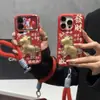 Funda dorada para teléfono con patrón de cuero de poni de Año Nuevo con cordón para Apple 17/16/15 Pro Max, Vivo y Huawei
