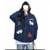 Chaqueta Bordada con Animales de Dibujos Animados en Color Azul Marino para Mujer, Nuevo Estilo de Primavera, Chaqueta Holgada Estilo Japonés, Gris de Moda