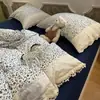Conjunto de quatro peças de renda floral azul estilo francês vintage, capa de edredom de gaze macia plissada, conjunto de cama de três peças para meninas