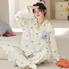 Pijama de algodón puro para mujer para primavera y otoño, de manga larga, pantalón largo, cárdigan, dulce estampado floral, conjunto casual de gasa 100% algodón para casa