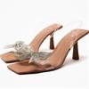 Zapatos de Verano 2023 Nuevos para Mujer Sandalias de Tacón Alto de Aguja Francesas con Lazo de Pedrería Zapatos de Moda de Punta Cuadrada y Punta Abierta para Mujer
