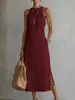 Vestido de Moda Transfronterizo Europeo y Americano para Mujer, Color Sólido, Cuello Halter, Sin Mangas, Bordado, Abertura, Holgado y Adelgazante, Vestido de Vacaciones