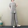 Verão 2024 Novo Estilo Chinês Retrô Solto Slim Casual Temperamento Zen Roupa de Chá Roupa de Yoga Traje Tai Chi para Mulheres