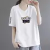 Camiseta Estilo Mãe de Comércio Exterior com Desconto Transfronteiriço, Gola V de Manga Curta para Mulheres, Blusa Estampada de Manga Meia-Manga Soltinha Plus Size para Mulheres