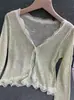 Cárdigan de punto fino de seda helada para mujer, de verano, con protección solar y cuello con volantes, adecuado para combinar con vestidos, tops o como chal o camisa de aire acondicionado