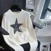 Suéter Tricô Jacquard Estrela de Cinco Pontas Estilo Francês Relaxado Quente Lã de Ovelha Gola Redonda Manga Longa para Mulheres no Outono