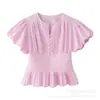 ZA comércio exterior transfronteiriço moda feminina item quente 2026 verão novo moda europeia e americana cor sólida retalhos gola redonda manga bufante blusa
