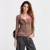 Camiseta Manga Longa com Gola Meia-Aberta Color Block Slim Fit Estilo Europeu e Americano para Mulheres, Camisa Base Slim Fit Gola Henley de Inverno