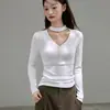 Camiseta de Manga Larga con Cuello Halter y Escote en V, Diseño Seductor, 260g Eco-Seda para Mujer, Nuevo Top de Moda Otoño