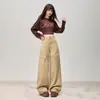 Jeans Cargo Laranja Infantil # Verde Militar Multibolsos Wide Leg para Mulheres, Caimento Solto, Emagrecedor, Fluido, Moderno, Versátil, Calça de Comprimento Total.