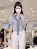 Camisa de Rayas con Cordones Estilo Coreano de Manga Larga para Mujer, Nuevo Estilo de Primavera, Elegante Corte Holgado, Efecto Adelgazante, Top Corto Versátil con Cuello de Solapa