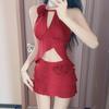 Traje de Baño de Dos Piezas Estilo Nuevo para Mujer, Cuello Halter de Flores Rojas, Top Tubo, Espalda Descubierta, Pecho Pequeño, Vacaciones en la Playa, Traje de Baño para Aguas Termales, Traje de Baño de Una Pieza Venta al por Mayor