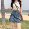 Saia Midi Jeans Rosa Sujo Feminina 2024 Verão Corpo Pequeno Emagrecedora Modelo A Saia Sobreposição Anti-Andar Quadril