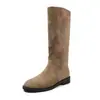 Botas de Cavaleiro em Camurça Femininas Botas de Cano Alto Outono Inverno Novo Bico Redondo Salto Médio Bloco Calce Fácil Estilo Coreano Botas Acima do Joelho Botas Femininas Únicas