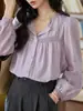 Camisa de linho Tencel com babados, mangas tipo lanterna e detalhes em renda roxa para mulheres, elegante top de trabalho estilo francês para o outono
