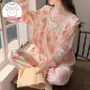 Algodão bolha outono novo pijama feminino manga longa gola quadrada com bojo fixo roupa de casa conjunto de duas peças