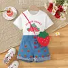 Venta Caliente 2024 Camiseta Corta Estampada de Cuello Redondo para Niñas Shorts de Mezclilla Estampados de Fresas Bolso para Niñas traje