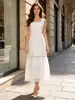 Vestido Longo Artístico de Luxo Leve Estilo Francês 2026 Verão Novo Decote Quadrado Sem Mangas Sexy Decorado com Laço para Mulheres