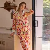 [História de Frutas] Pijama Estampado 100% Algodão para Mulheres, Conjunto de Roupa Caseira de Algodão com Gola e Manga Longa para Primavera e Outono, Que Pode Ser Usado Fora