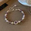 Pulseira Quadrada Manta com Pérolas Swarovski Cor de Rosa e Pérolas Roxas, Estilosa e Elegante, Joia Ajustável Puxa-e-Ajusta