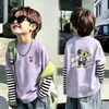 Roupa infantil, camiseta de manga comprida para meninos, estilo moderno e descolado, novo modelo 2026, algodão puro, blusa infantil falsa de duas peças, roupa de menino bonita