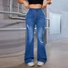 Calça Jeans Casual Flare de Cintura Alta Slim com Quatro Botões, Lavada, Rasgada e Bainha Desfiada, Estilo Europeu e Americano Transfronteiriço para Mulheres, Item Quente da Primavera