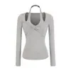 Camiseta Única com Gola Halter Falsa de Duas Peças Manga Longa para Mulheres 2026 Novo Estilo Twist Slim Fit