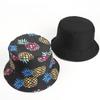 Explosiones de comercio electrónico transfronterizo sombrero de pescador de lona para hombres y mujeres moda estampada palmera de coco sombrero de cubo reversible sombrero para el sol de viaje al aire libre
