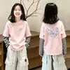 Nova Camiseta de Algodão Listrada Patchwork de Manga Longa para Meninas, Cartoon Gola Redonda Casual Versátil, Estilosa e Chique