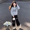 Conjunto de Dos Piezas para Niñas Primavera y Otoño Sudadera de Patchwork a Cuadros Cuello Polo Estilo Casual Pantalones de Pierna Ancha Lindos Conjunto de Moda