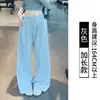 Pantalones casuales de lino fino gris para primavera y otoño, de pierna ancha, con cintura elástica y cordón, hasta el suelo, fabricación en pequeñas series de marca privada