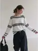 Suéter de punto largo a rayas color block estilo vintage francés "old money" para mujer, holgado y casual, top estilizado para primavera y otoño
