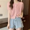 Tejido de Punto de Cuello Redondo Manga Corta Diseño de Moda Verano 2024 Fresco y Dulce Cardigan Francés Top Estilo Corto para Mujer