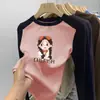 Camada de base quente para meninas, nova, versátil, gola redonda, estampa de desenho animado, emendada, manga longa, roupa íntima, camiseta top para crianças pequenas e médias