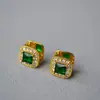 Brincos Acessíveis de Luxo High-End Latão Dourado Quadrado de Diamante Esmeralda Pedra Preciosa Estilo Retrô Simples Nicho Japonês e Coreano